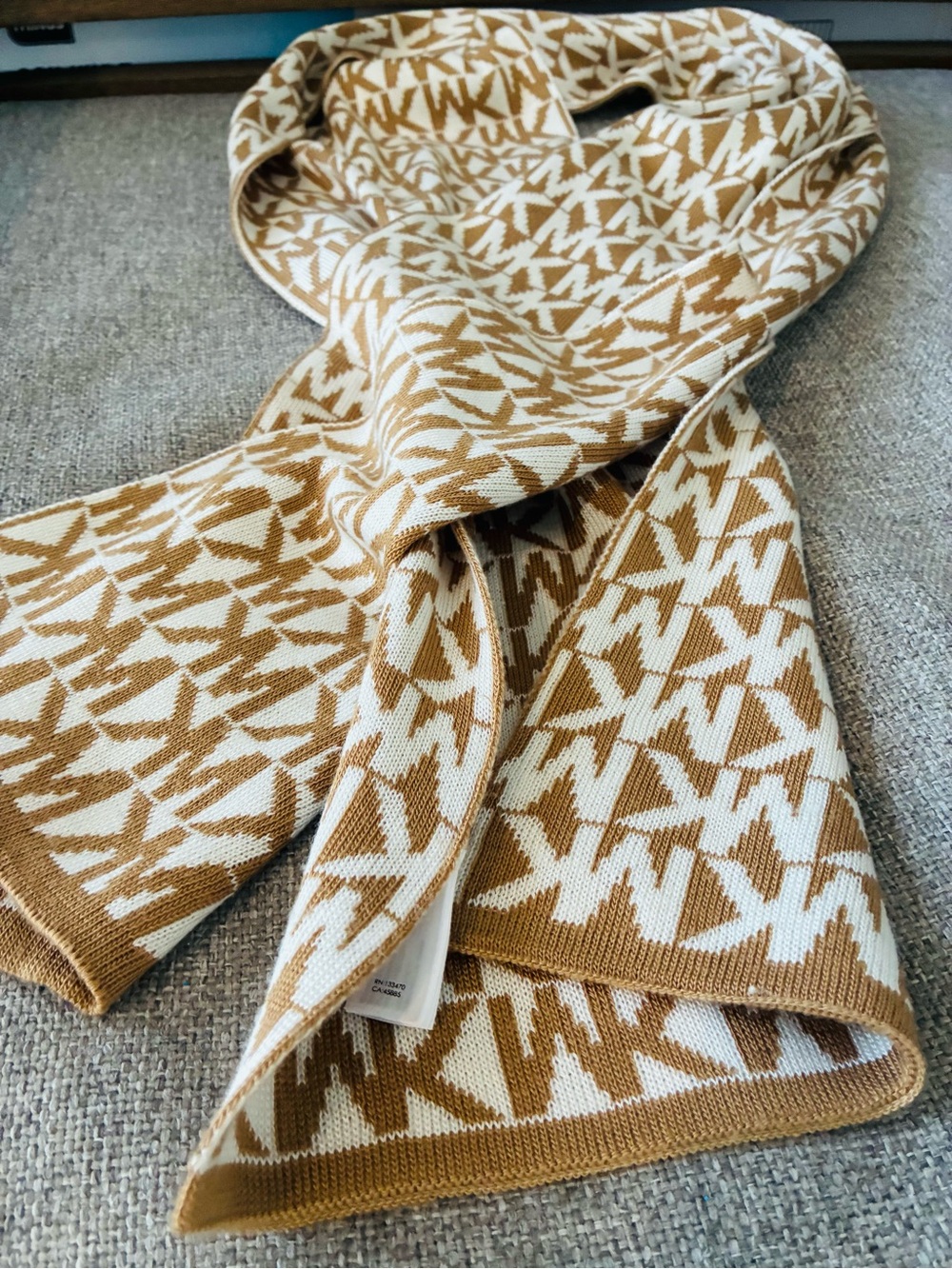 MICHAEL Michael Kors MK Logo Scarf Camel Cream Monogram Knit Reversible